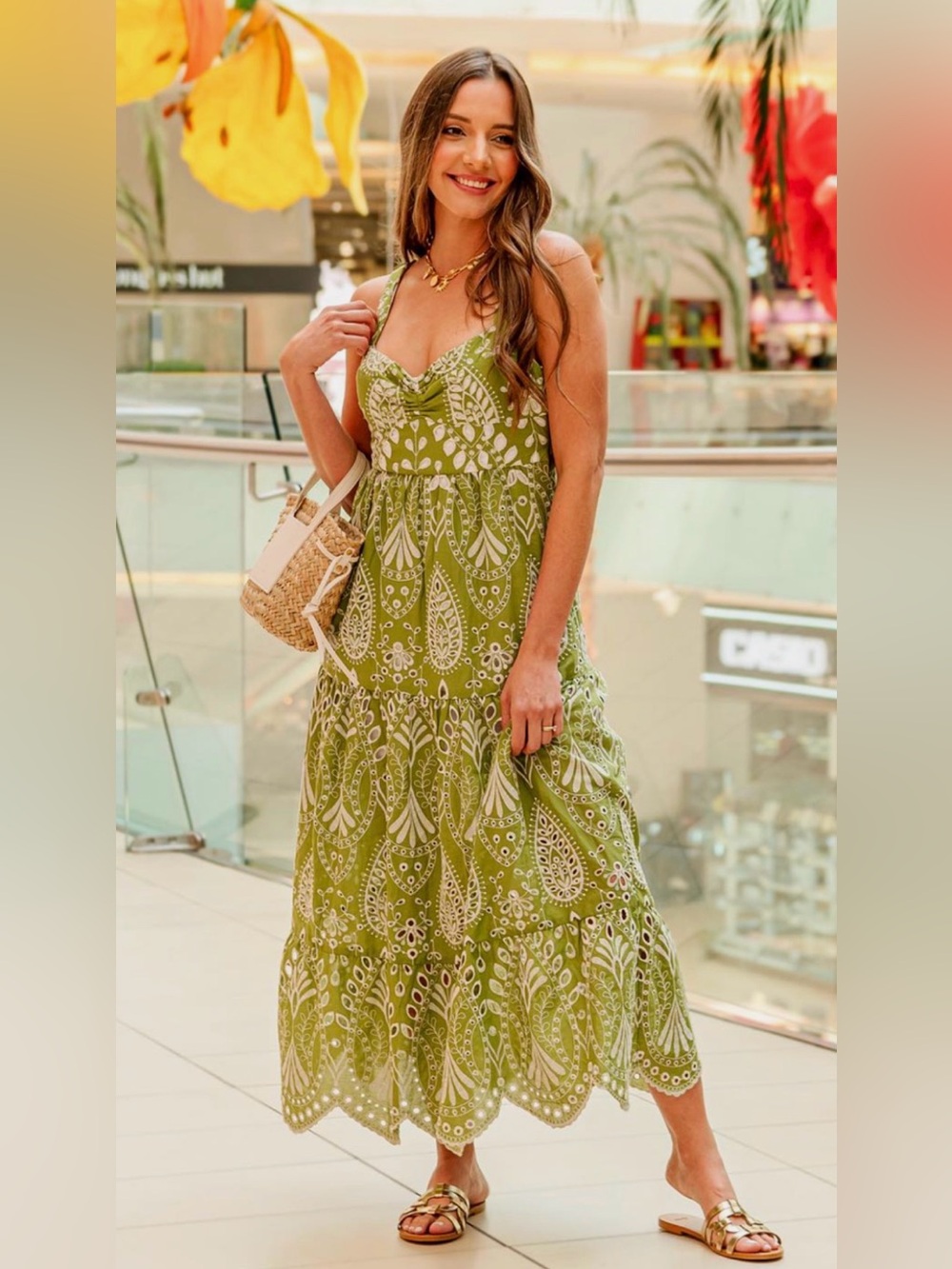Green Paisley Tiered Midi Dress